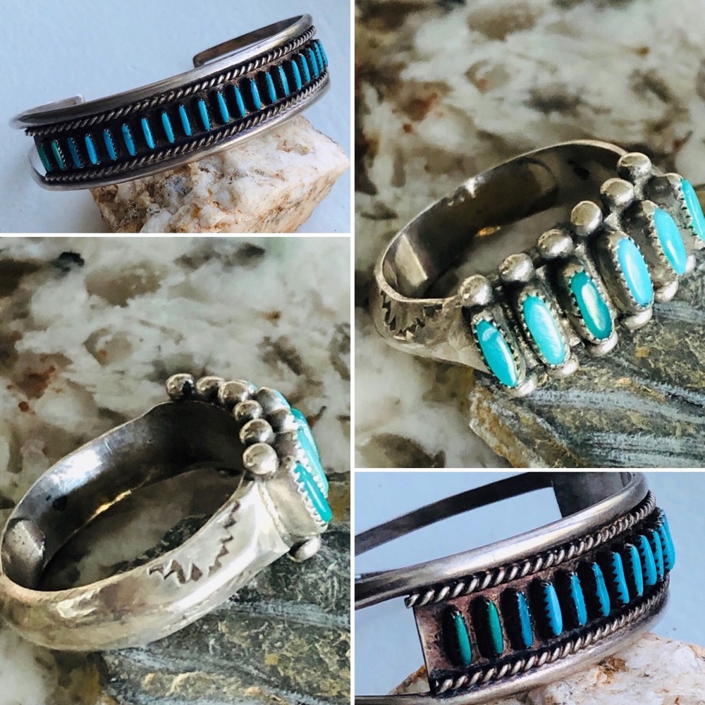 VTG ZUNI NEEDLEPOINT TURQUOISE NECKLACE, CUFF, RING, BROOCH/PENDANT & EARRINGS - Picture 7 of 17